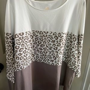 Belle by Kim Gravel animal print women’s top. Winter white and taupe.